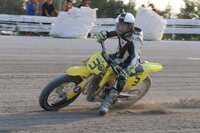 CSBK Rookie Pro Andrew Cooney was a Novice class front runner at the Flat Track Canada Georgian Downs National in his second career Flat track start aboard Vincent Wilson’s Suzuki DTX single. [Photo: Colin Fraser]