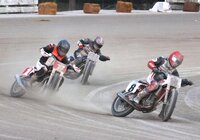 National Expert Open Heat Race two at Georgian Downs with teen-ager Liam Clarke (No. 8 Hon) leading Champ Tyler Seguin (No. 1 Hon) and Dustin Brown (No. 91 Hon).  Seguin would make a last turn, last lap pass to win the heat, and then score first in the Main event.  Clarke caused a Red Flag with a crash in the Feature race, and former Champ Brown would place seventh. [Photo: Colin Fraser]